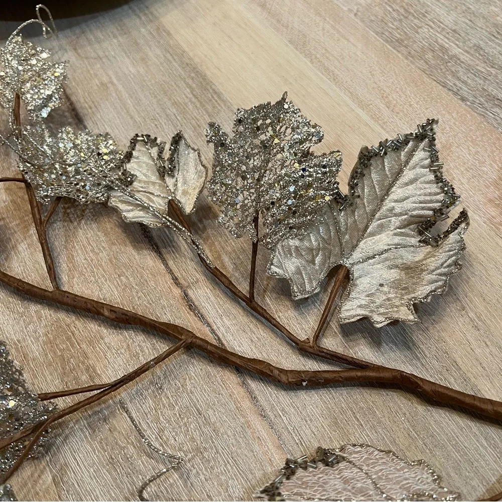 Metallic Glitter Champagne and Taupe Fig Leaf Holiday Garland